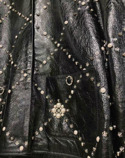 Chanel 21A black leather Jacket with Pearls & Rhinestones