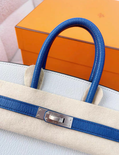 HERMES Birkin 25 Chevre Mysore Bi-Color Horseshoe Gris Perle Bleu Brighton Palladium Hardware