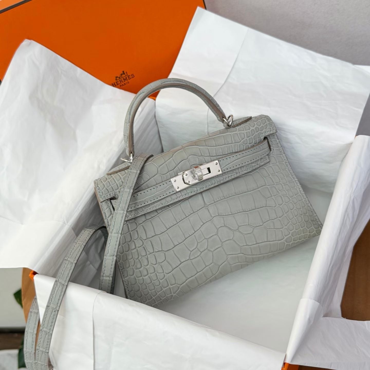 Hermes Mini Kelly 20 Gris Perle Matte Alligator Palladium hardware