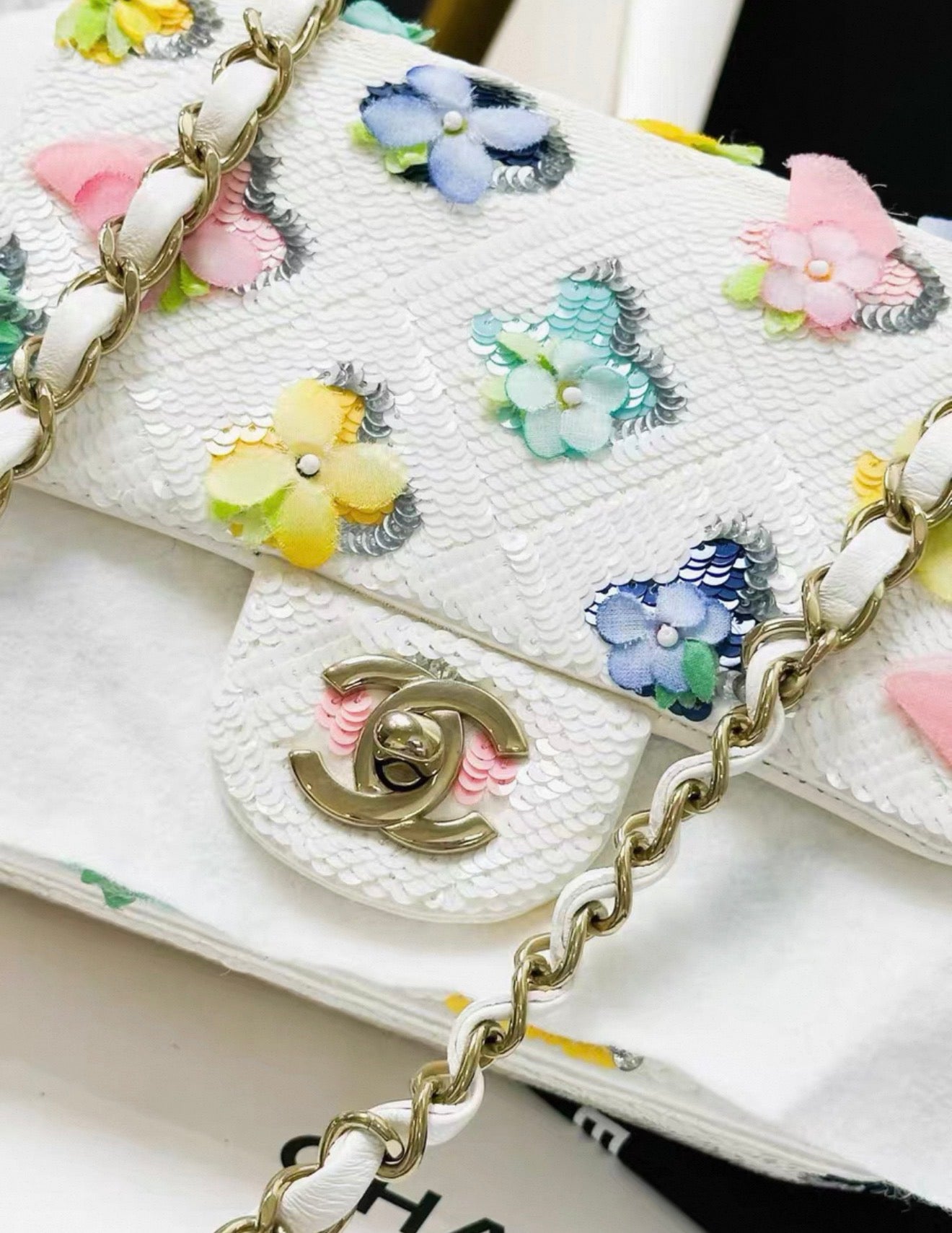 Chanel 23C sequinned flowers mini square flap bag