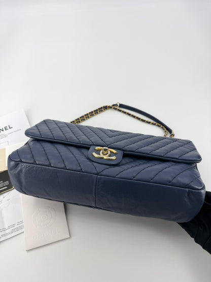 Chanel blue leather flap bag gold hardware