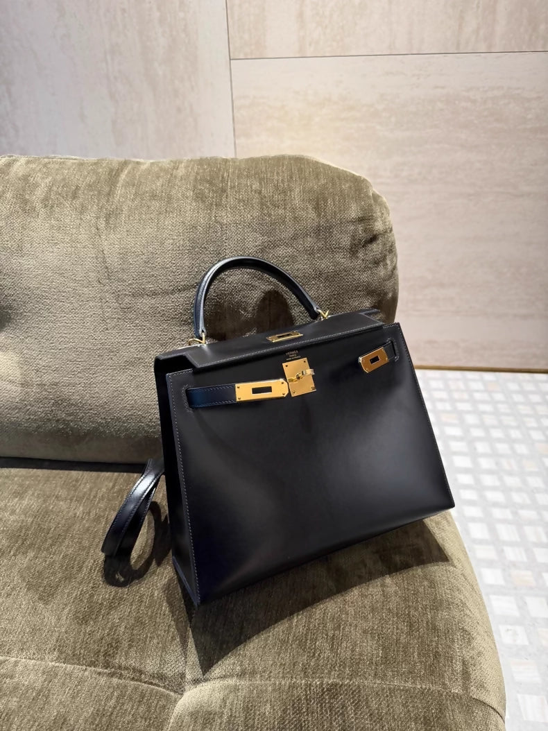 Hermes Kelly 28 Black Box Leather Gold Hardware