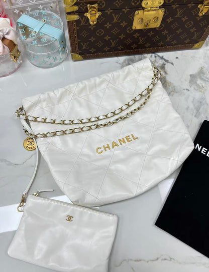 Chanel White Quilted Calfskin Small 22 Bag Gold Hardware, 2022