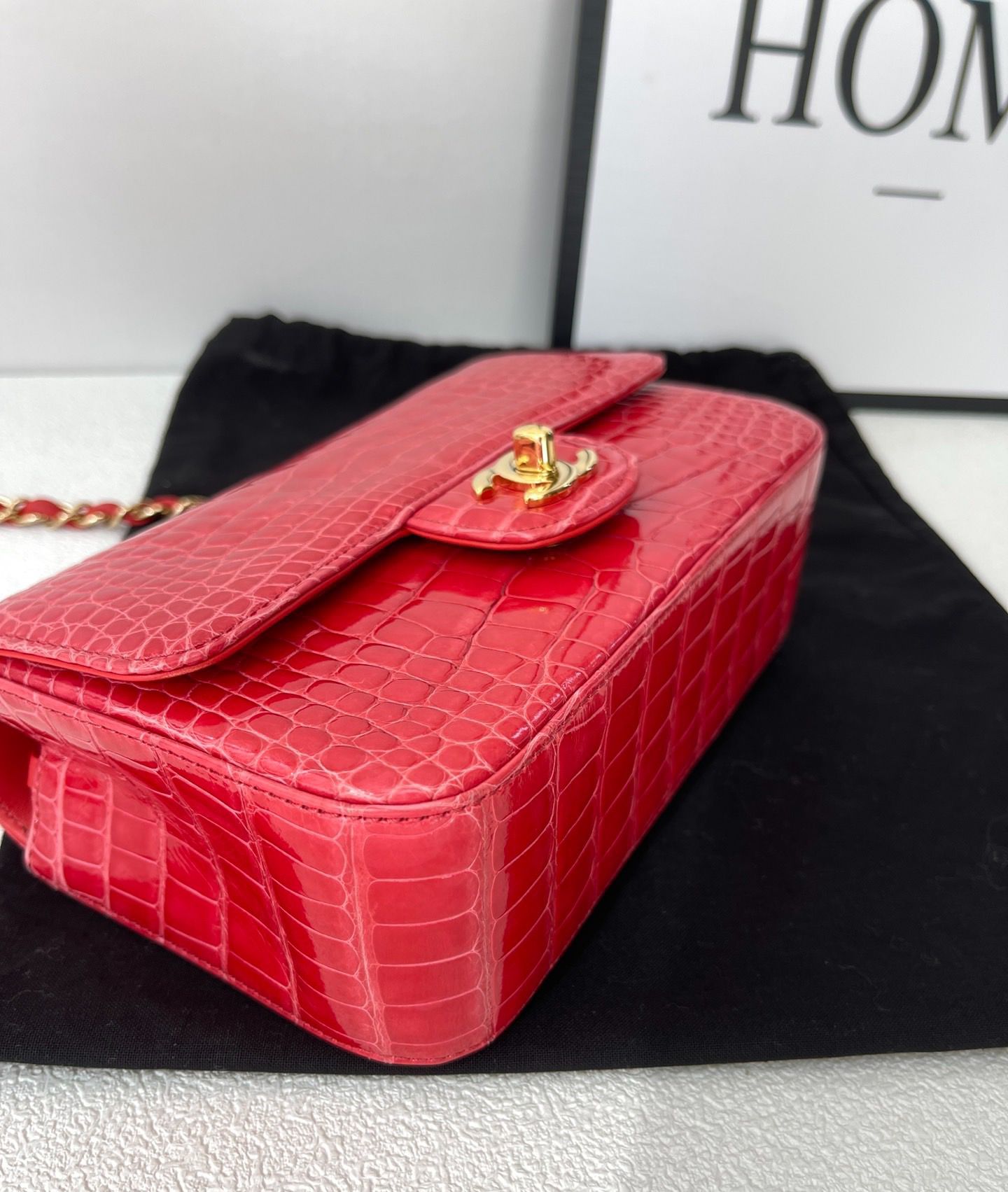 CHANEL Red Shiny Alligator Classic Mini Flap Bag with Gold Hardware