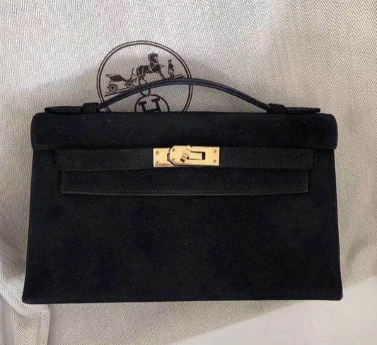 Rare HERMÈS KELLY DOBLIS MINI POCHETTE BLACK VEAU SUEDE
