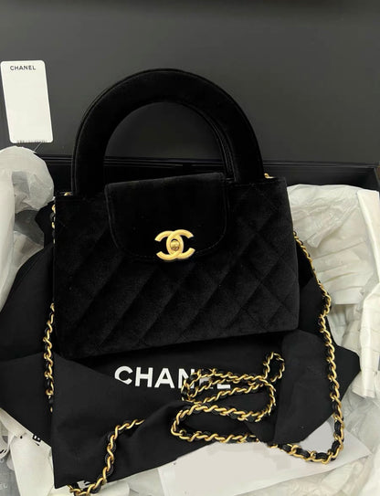 24A CHANEL KELLY Black VELVET Top Handle Shopping Bag Handbag Gold