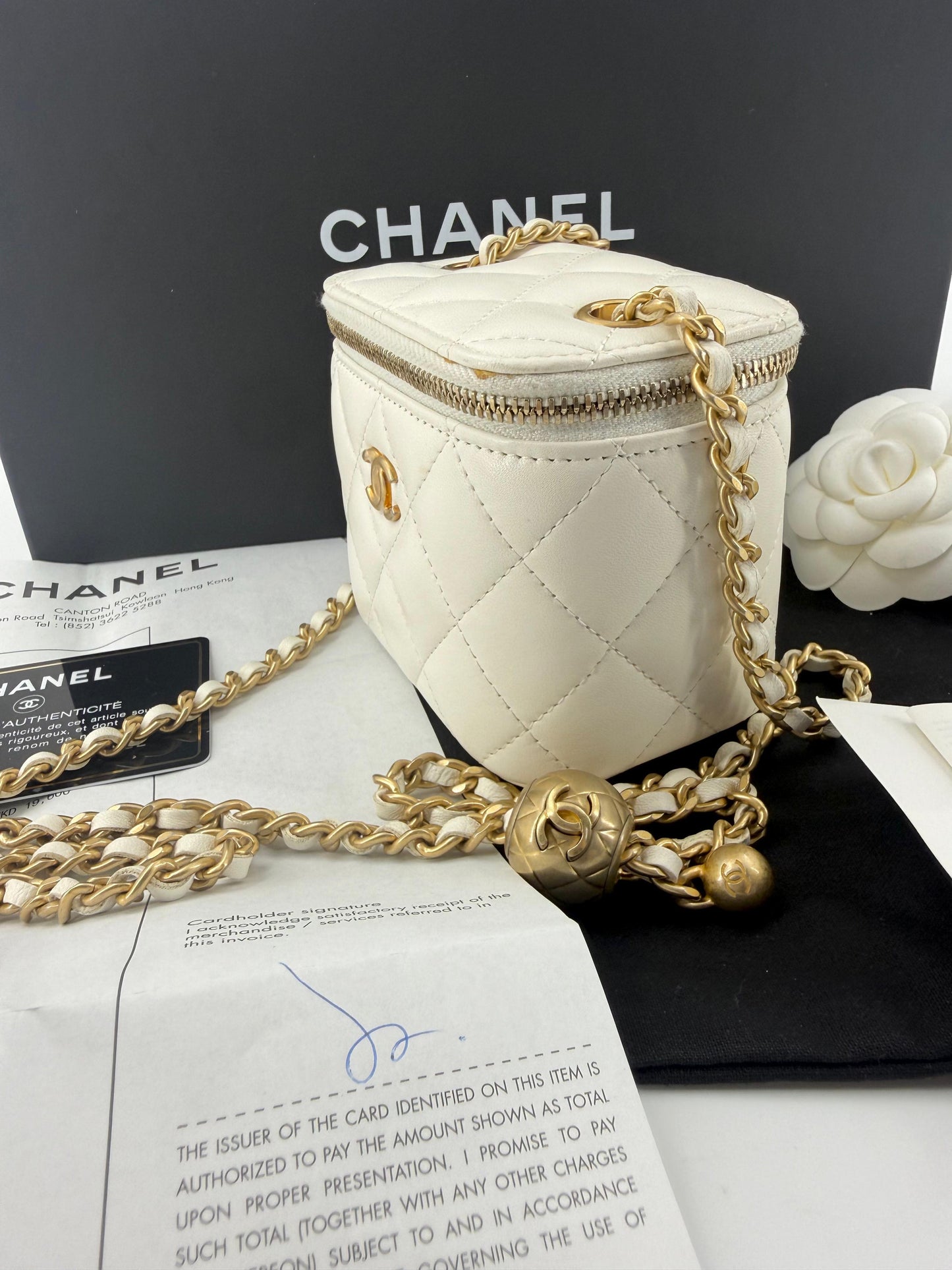 Chanel ecru mini vanity case gold chain hardware