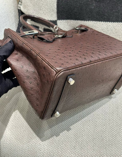 Preloved Birkin 25 Chocolate Ostrich Palladium Hardware