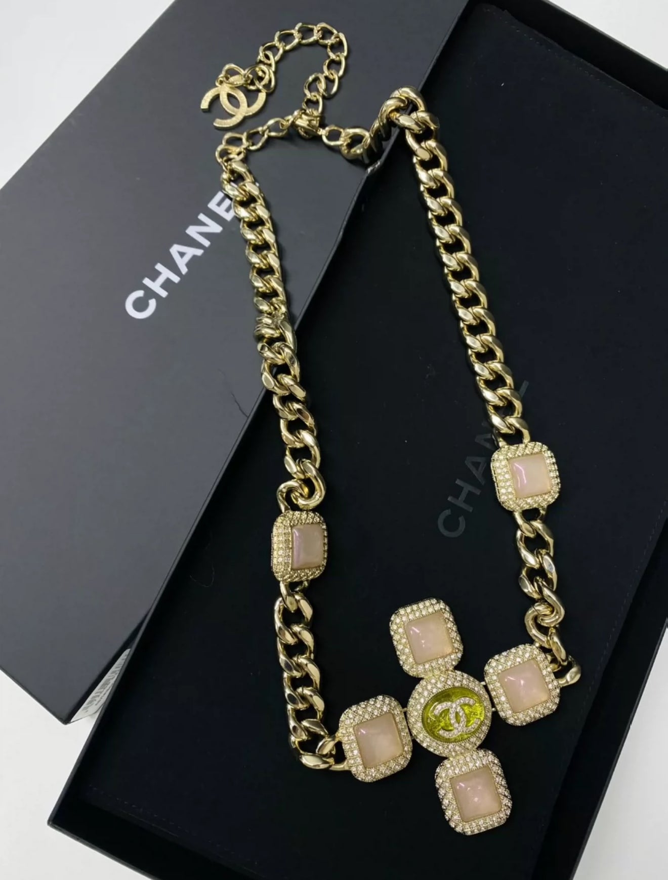Chanel 20A pink glass cross full diamond waist chain