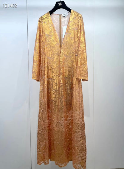 Chanel 24C Gold Lace V-Neck Dress