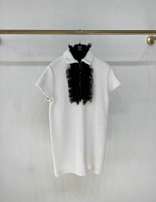 Chanel 22C Black voile collar white dress size 36