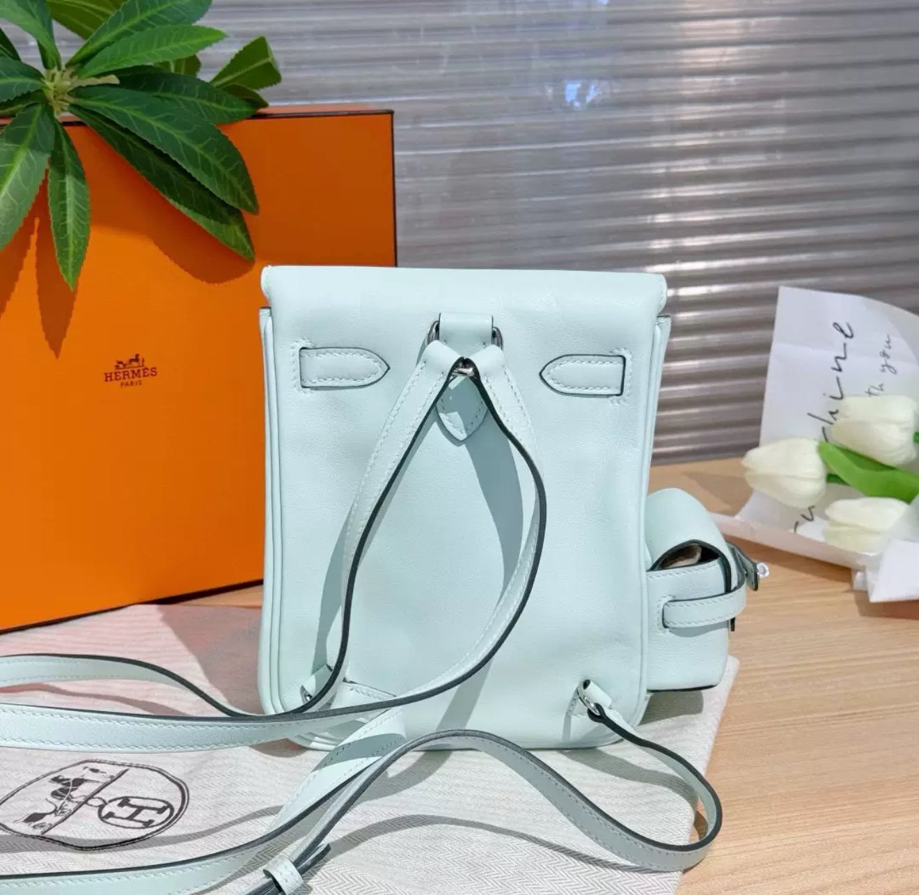 HERMES Kelly Jump Backpack Vert Peppermint Swift Palladium Hardware