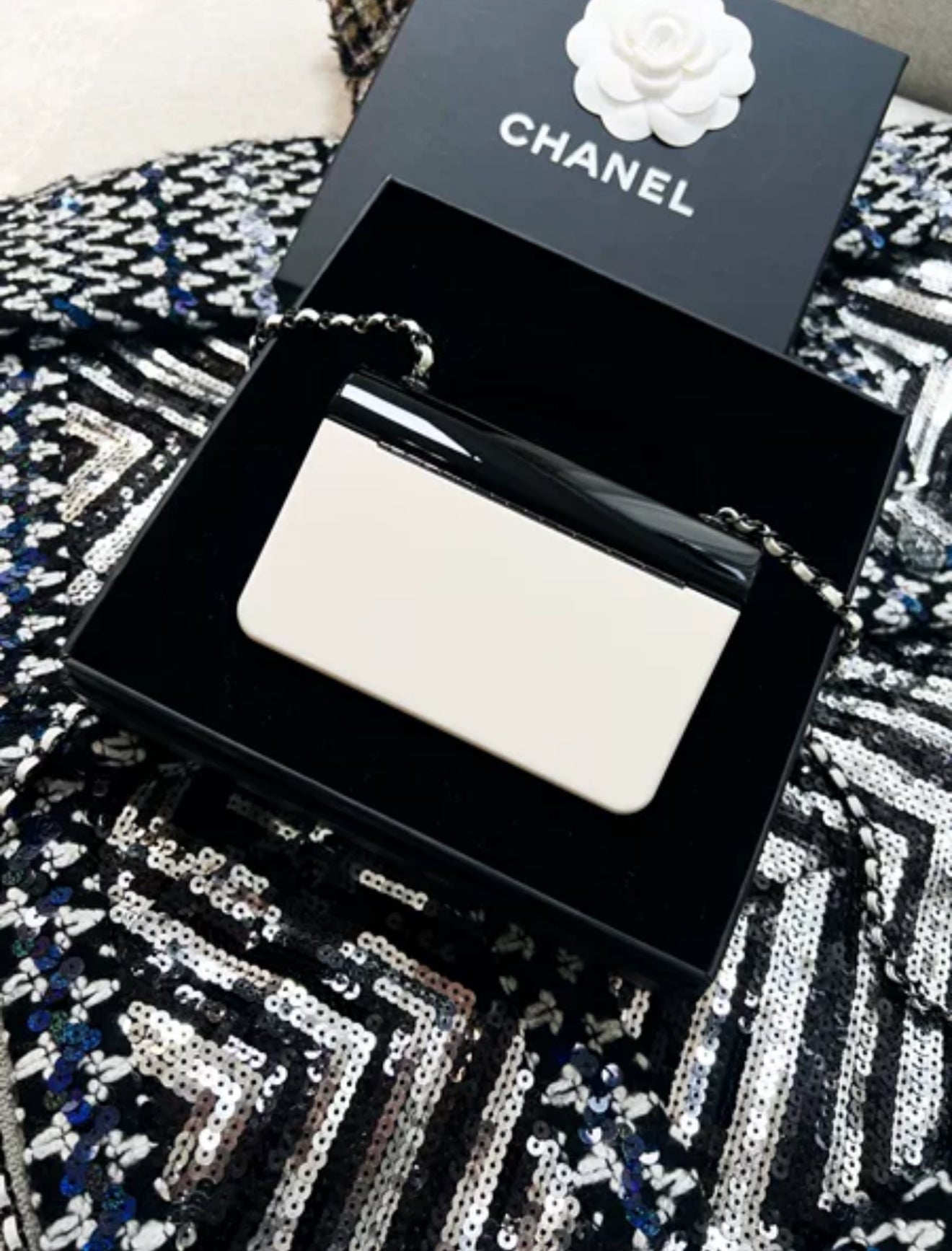 Chanel21 black and white acrylic box minaudière