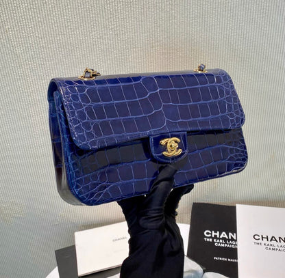 CHANEL SHINY BLUE ALLIGATOR CLASSIC FLAP BAG WITH GOLD HARDWARE