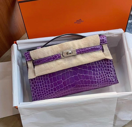 Hermes Kelly pochette Ultraviolet Shiny crocodile leather palladium hardware