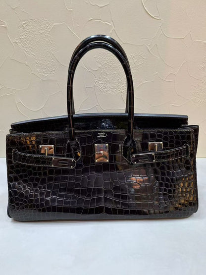 Rare Hermes shoulder birkin limited edition Black crocodile leather