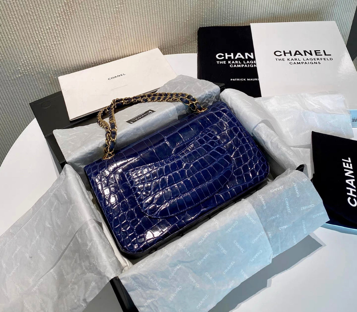 CHANEL SHINY BLUE ALLIGATOR CLASSIC FLAP BAG WITH GOLD HARDWARE