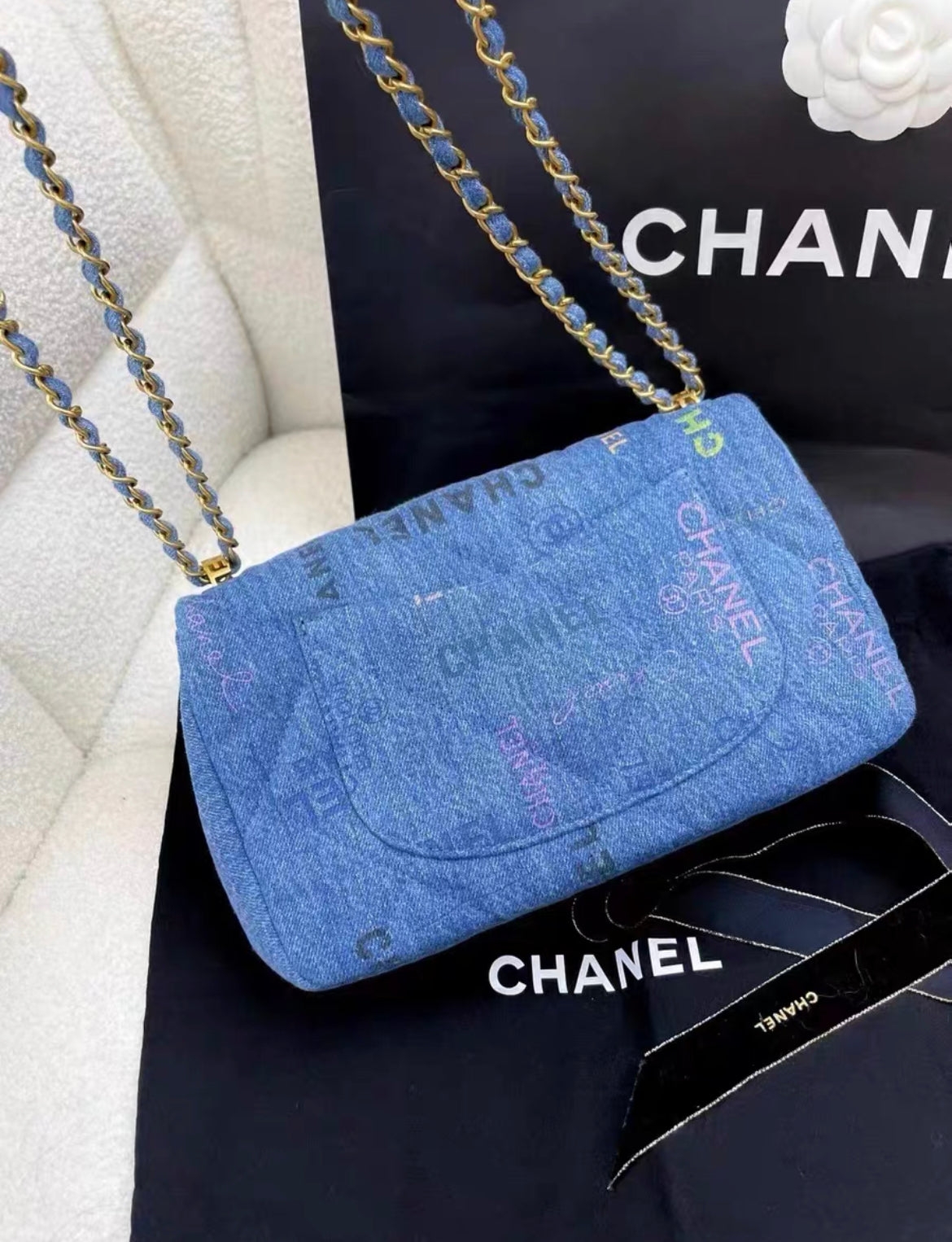 CHANEL 22P SM Quilted Print Blue Denim Jean Imprime Flap Handbag Chain