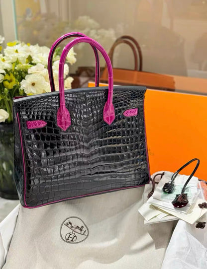 Hermes Birkin 30 Niloticus Crocodile Black & Fuchsia Pink Palladium Hardware