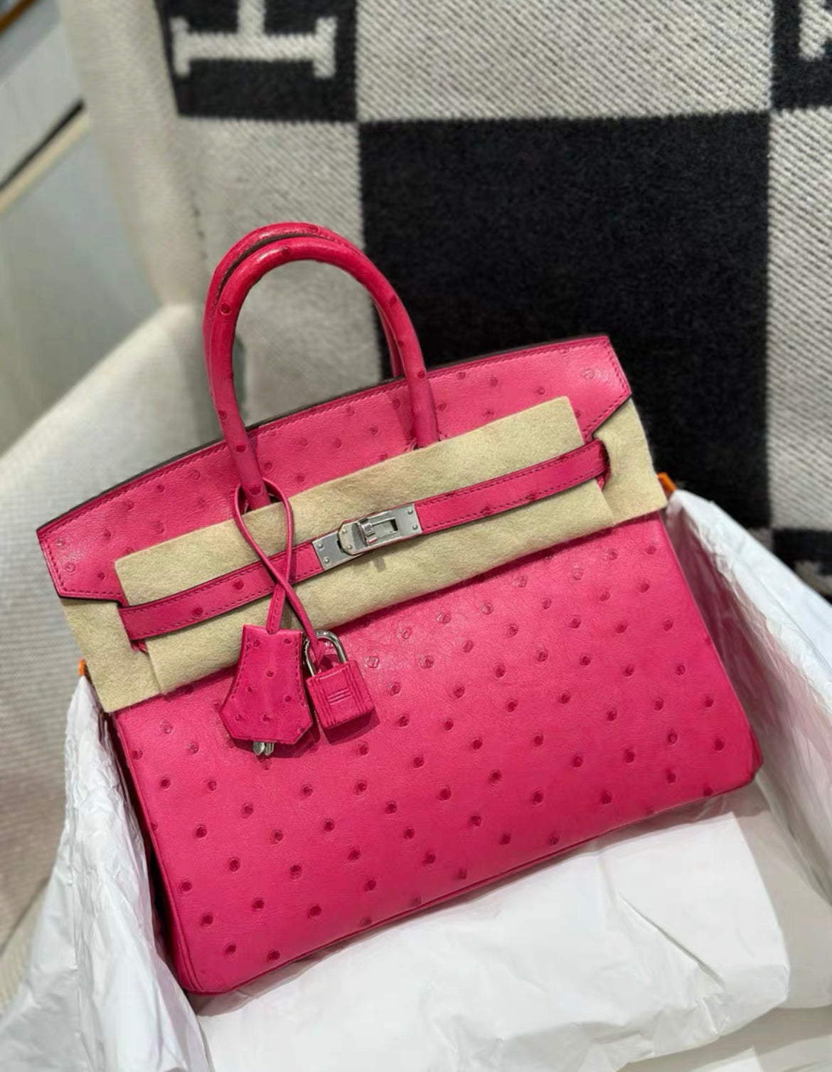 Hermes Birkin bag 25 Fuschia pink　Ostrich leather Palladium hardware