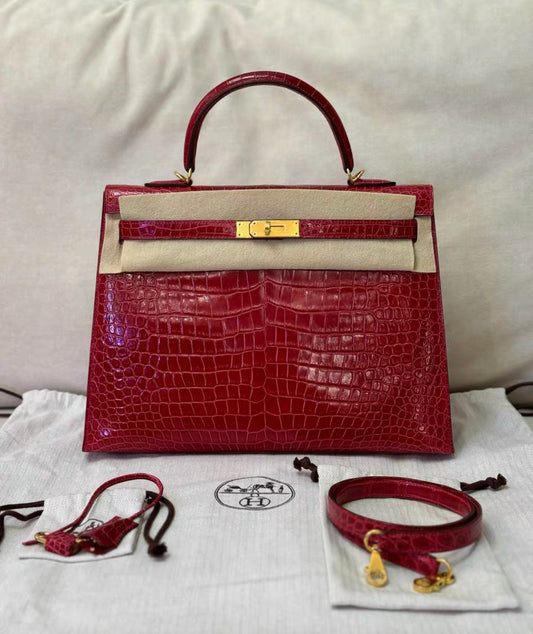 Hermes Kelly 35 Braise Red Porosus Crocodile Sellier With Gold Hardware Handbag