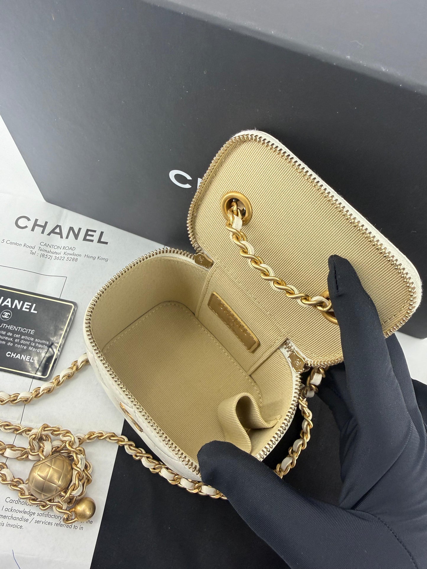 Chanel ecru mini vanity case gold chain hardware