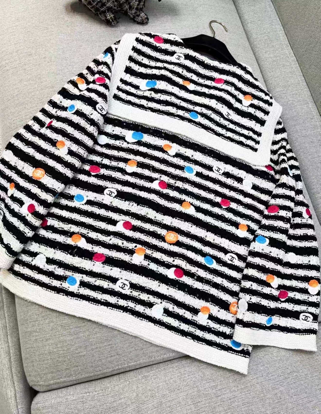 Chanel 24S black and white striped colorful polka dot navy collar knitted top