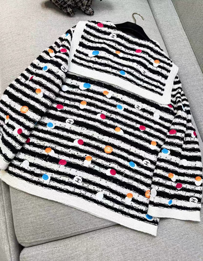 Chanel 24S black and white striped colorful polka dot navy collar knitted top