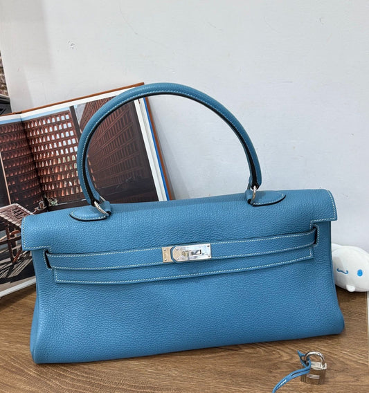 Hermes shoulder Kelly blue denim Togo leather palladium hardware