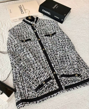 Chanel 23P Black and White Stand Collar Woven Tweed Jacket