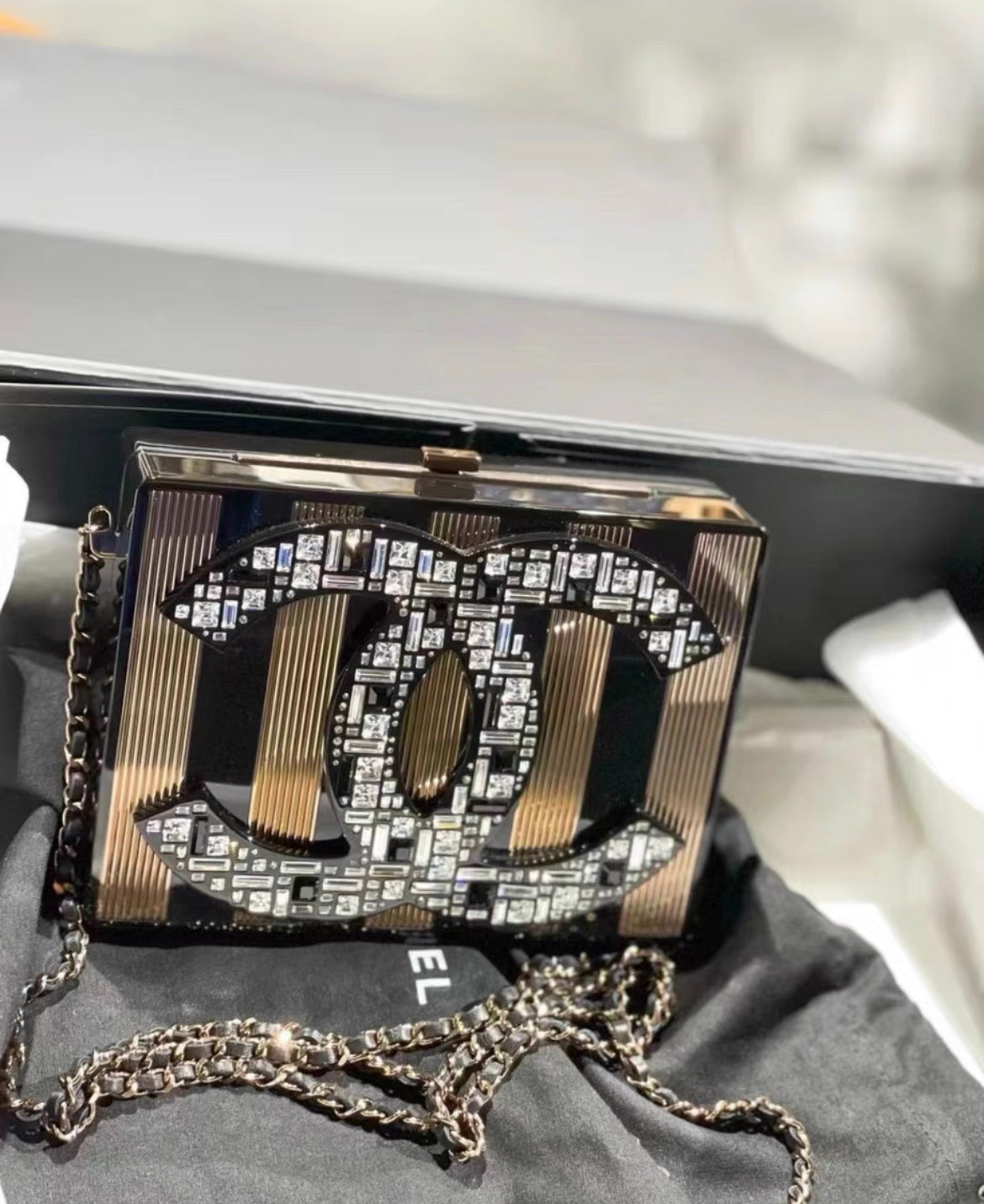 Chanel 2015 CC Logo Plexiglass Copper Black Crystal Minaudière Chain Clutch Bag