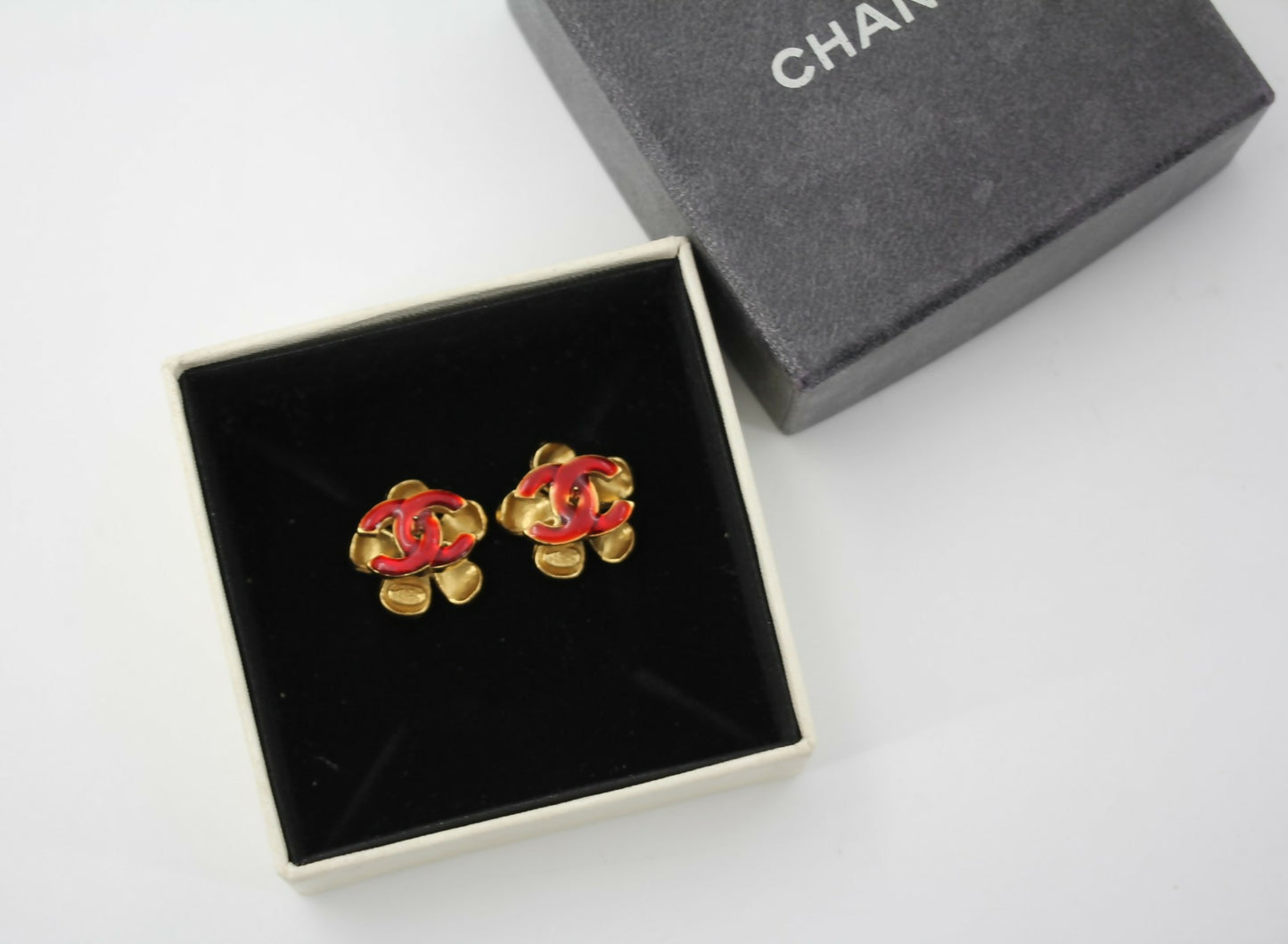 Chanel Vintage 03P Enamel Gold and Red Floral Stacked Stud Earrings