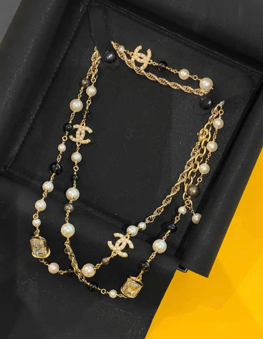 Chanel 22A Long Pearl CC Gem Stone Necklace