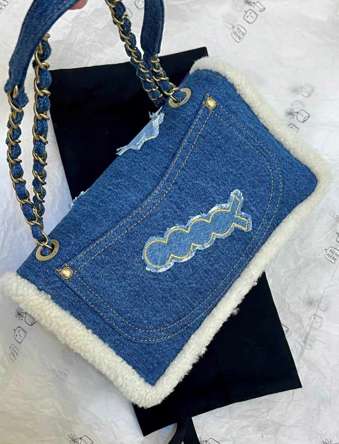 Chanel 19 Paris-Egypt Blue Denim & Shearling Hieroglyph Flap Medium