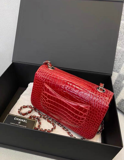 CHANEL Red Shiny Alligator Classic Mini Flap Bag with Silver Hardware