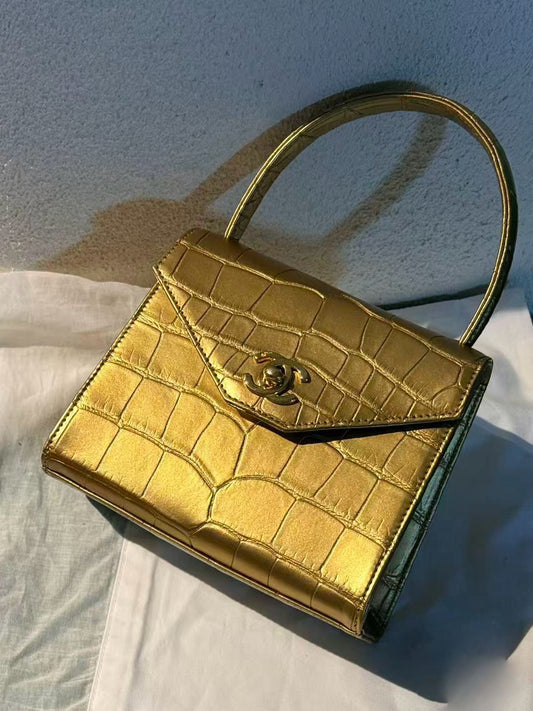 Chanel 1997 Gold Crocodile leather Mini kelly handbag