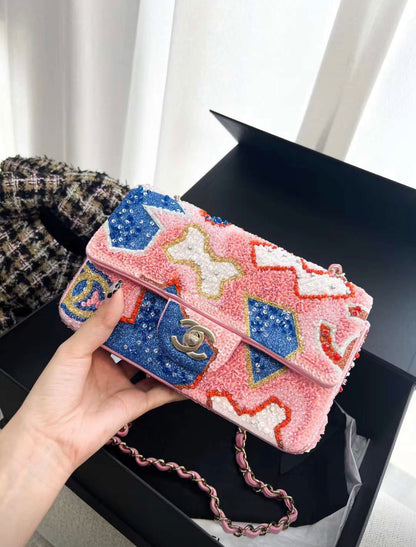 Chanel 23A limited edition sequin mini flap bag pink/blue/white