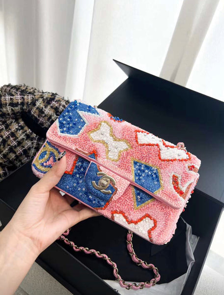 Chanel 23A limited edition sequin mini flap bag pink/blue/white