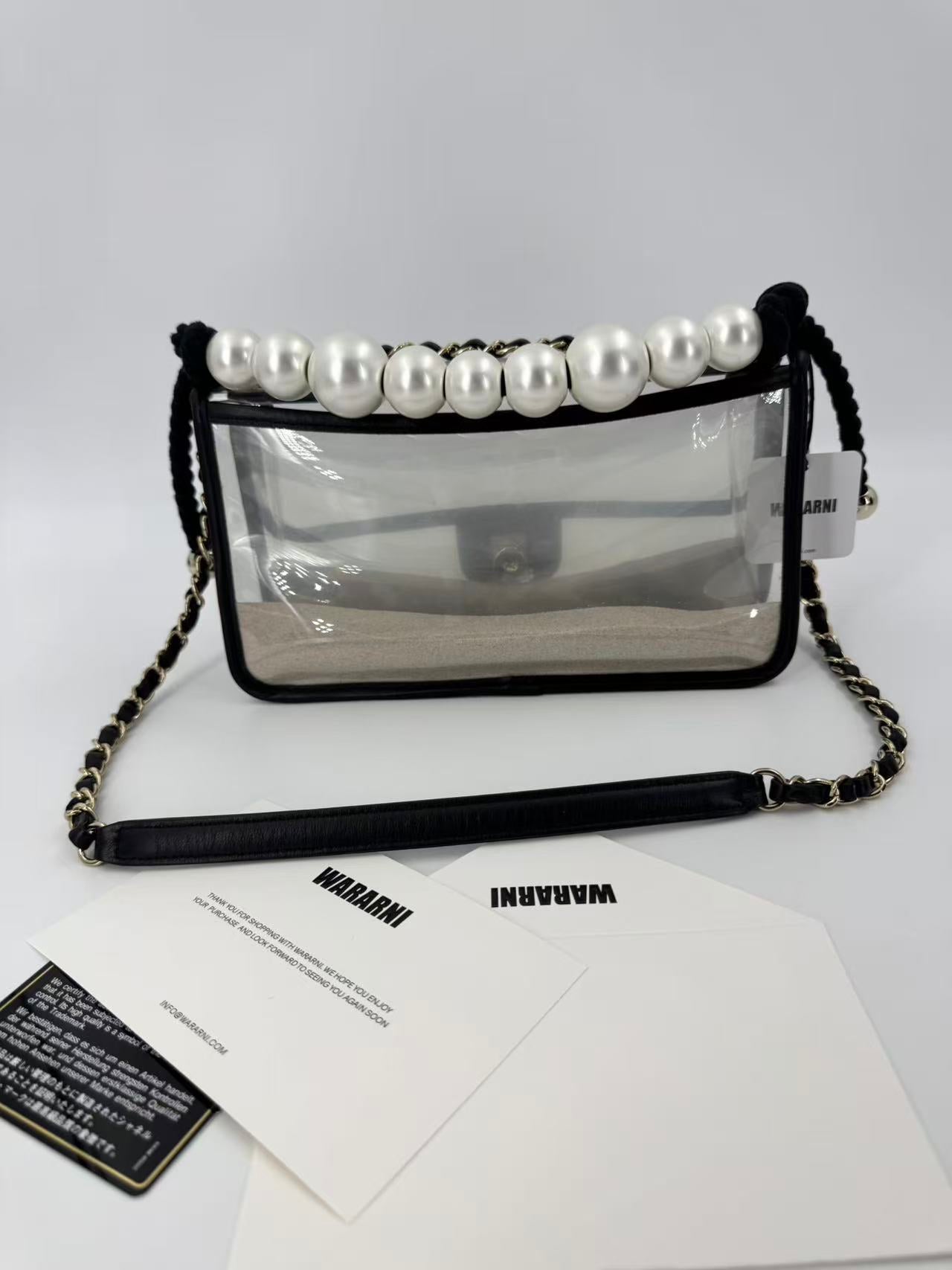 Chanel Lambskin PVC Sand By The Sea Flap Bag With Pearl Strap