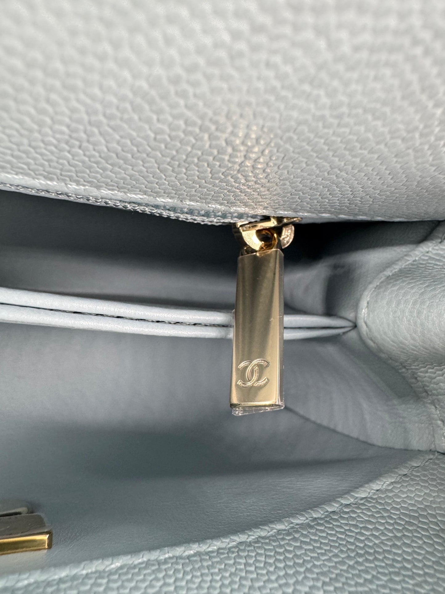 Chanel baby blue grained leather mini coco handle with light gold hardware