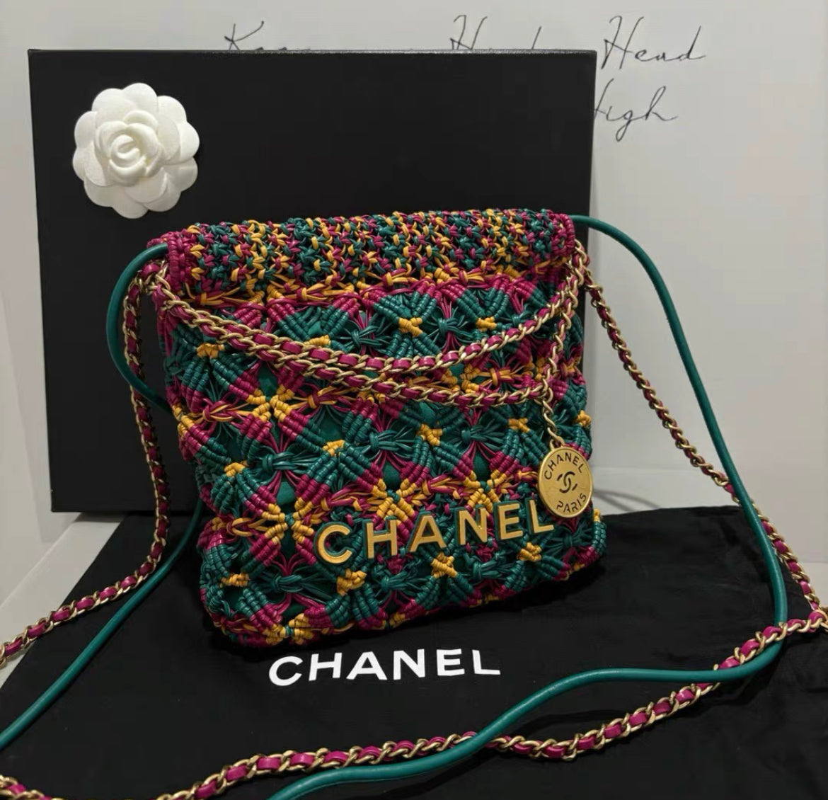 Chanel 23A Mini 22 Bag Multicolor Macrame Calfskin Gold Hardware