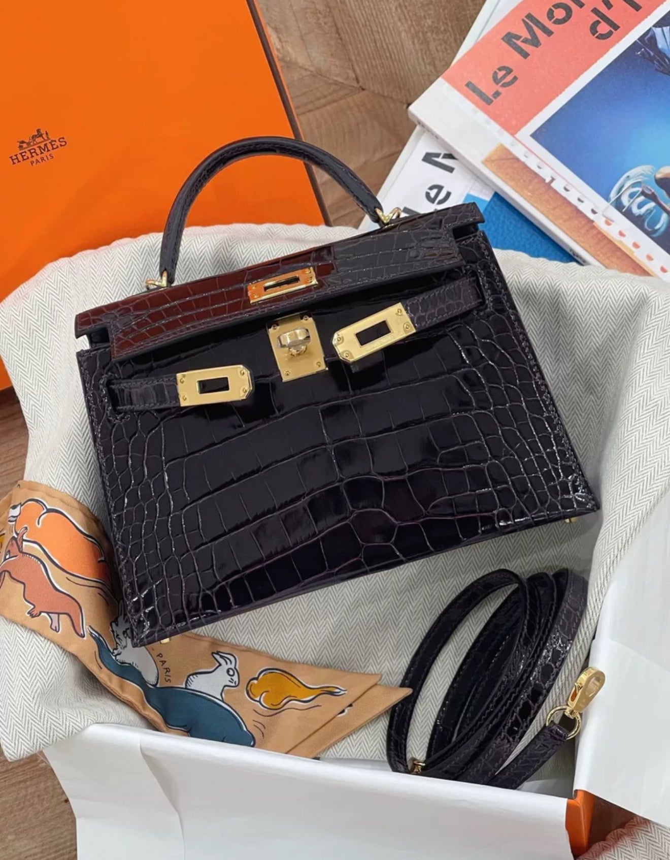 Hermes Mini Kelly Aubergine Niloticus Crocodile with Gold Hardware