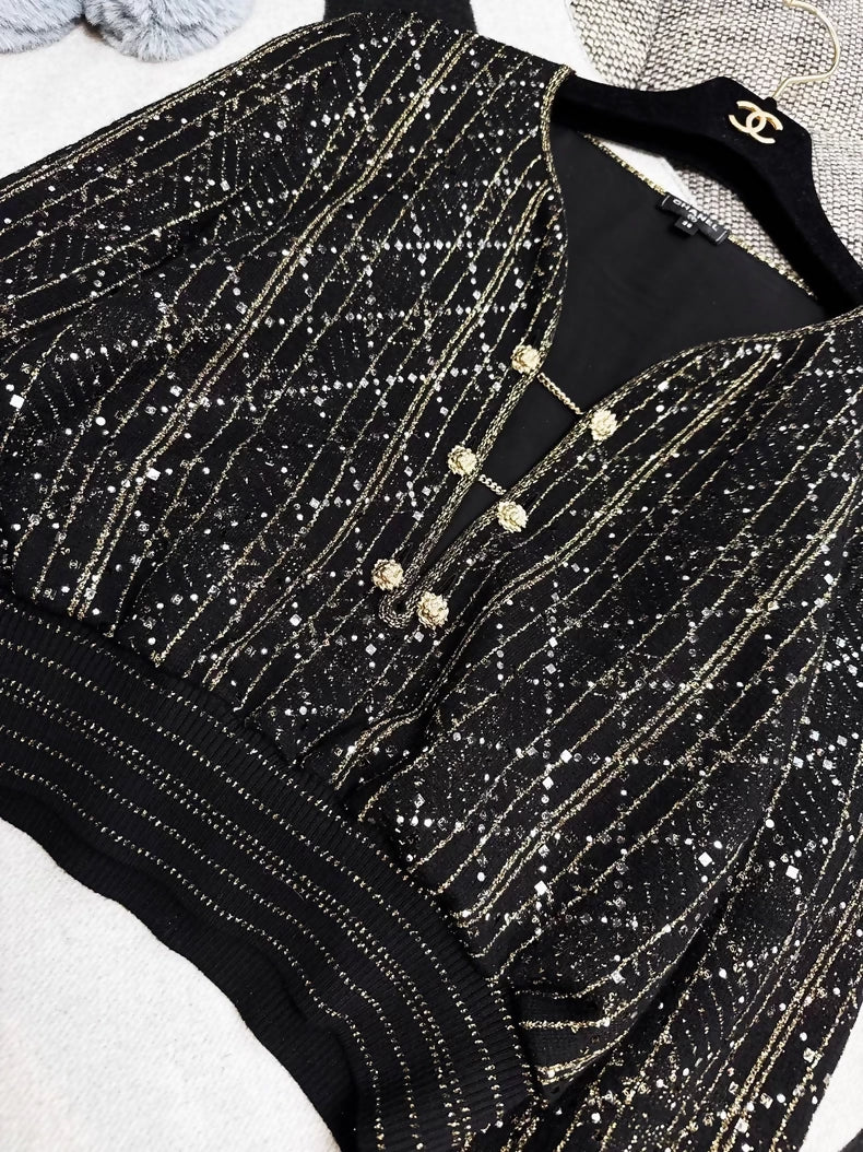 Chanel 20A gold quilted black knit top