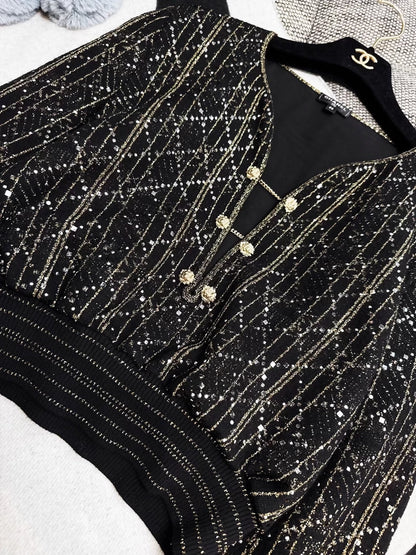 Chanel 20A gold quilted black knit top
