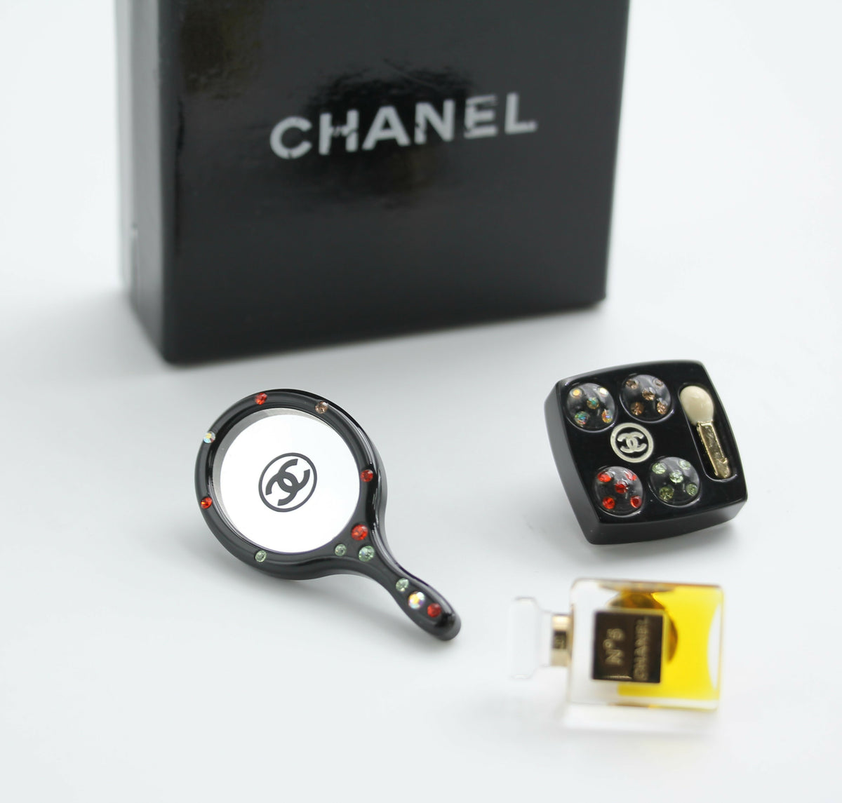Chanel Vintage 04A Mirror Perfume Cosmetics Black Three Items Brooch