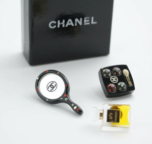 Chanel Vintage 04A Mirror Perfume Cosmetics Black Three Items Brooch