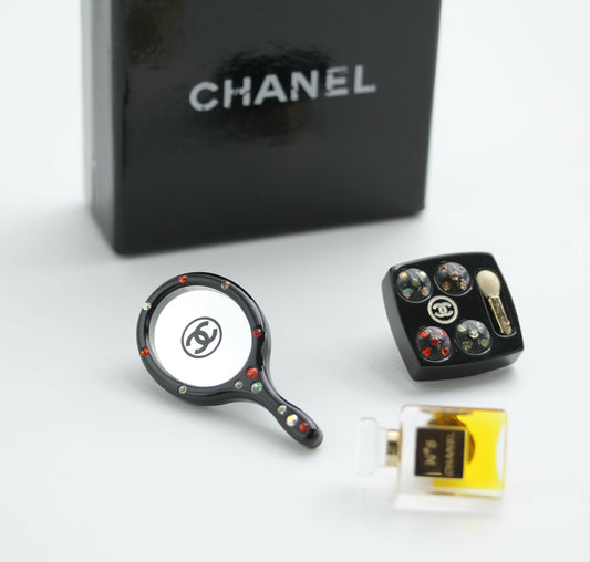Chanel Vintage 04A Mirror Perfume Cosmetics Black Three Items Brooch