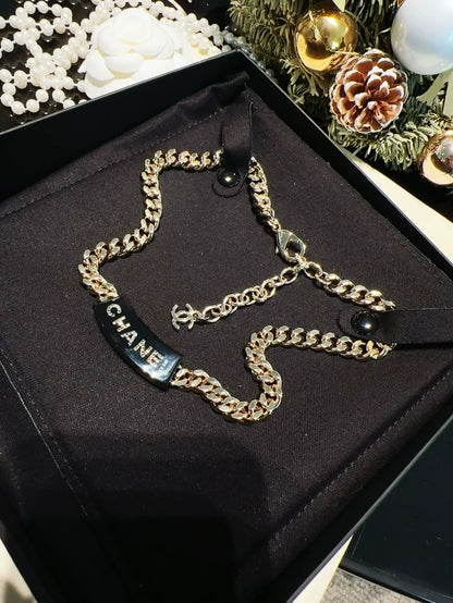 Chanel 22B Black Acrylic Letter Gold Chain Necklace