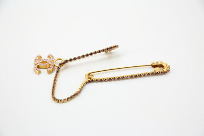 Chanel Vintage 02P Rhinestone Pink Gold-Plated Double Safety Pins Brooch