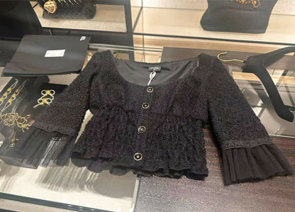 Chanel 25B Black Knit Lace Top Shirt Size 38